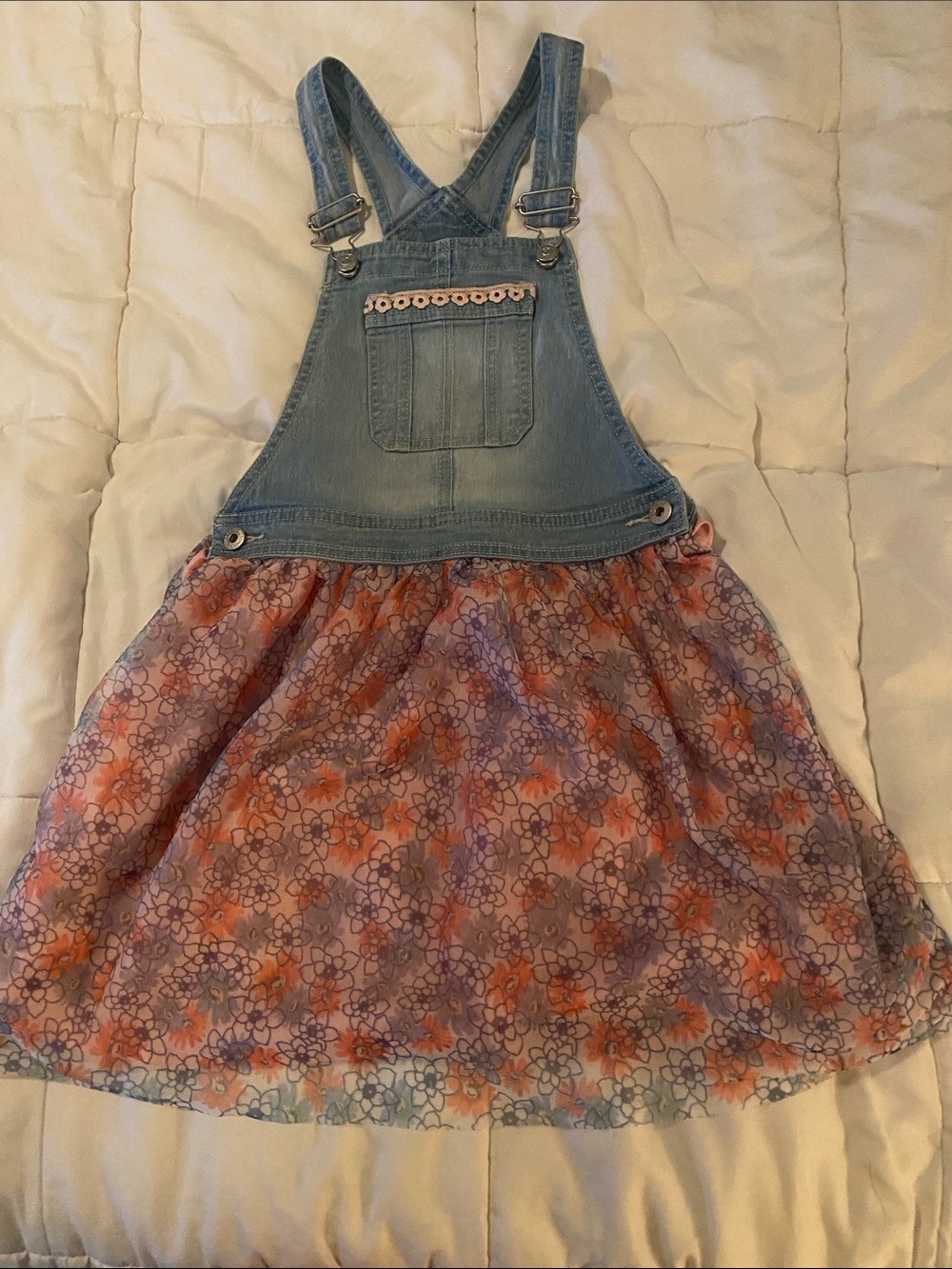 Jordache Denim Overall Dress with Pink and Purple Floral Skirt